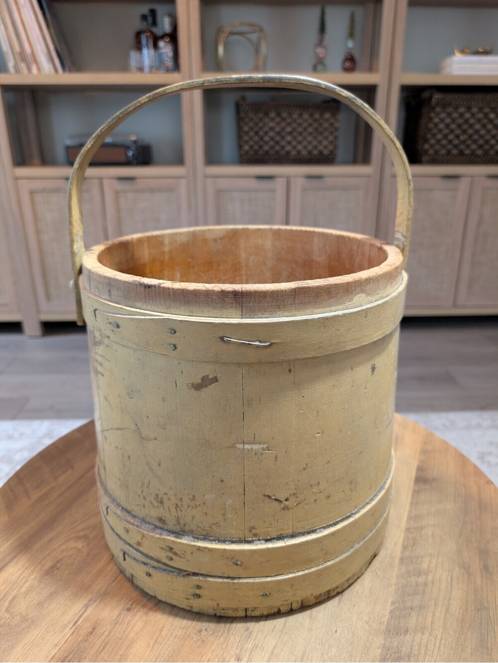 Antique Primitive Wooden Firkin Sugar Bucket Mustard Paint Swing Handle 11"